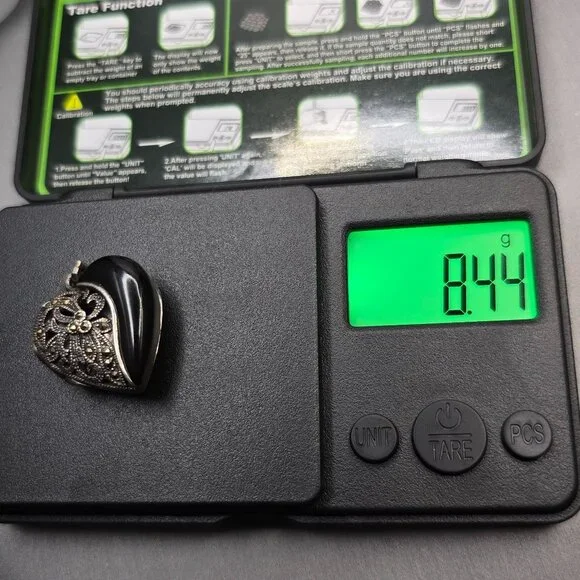 VTG FAS Sterling Silver Marcasite Onyx Heart Locket Pendant 1" Cutouts Signed - Picture 13 of 13